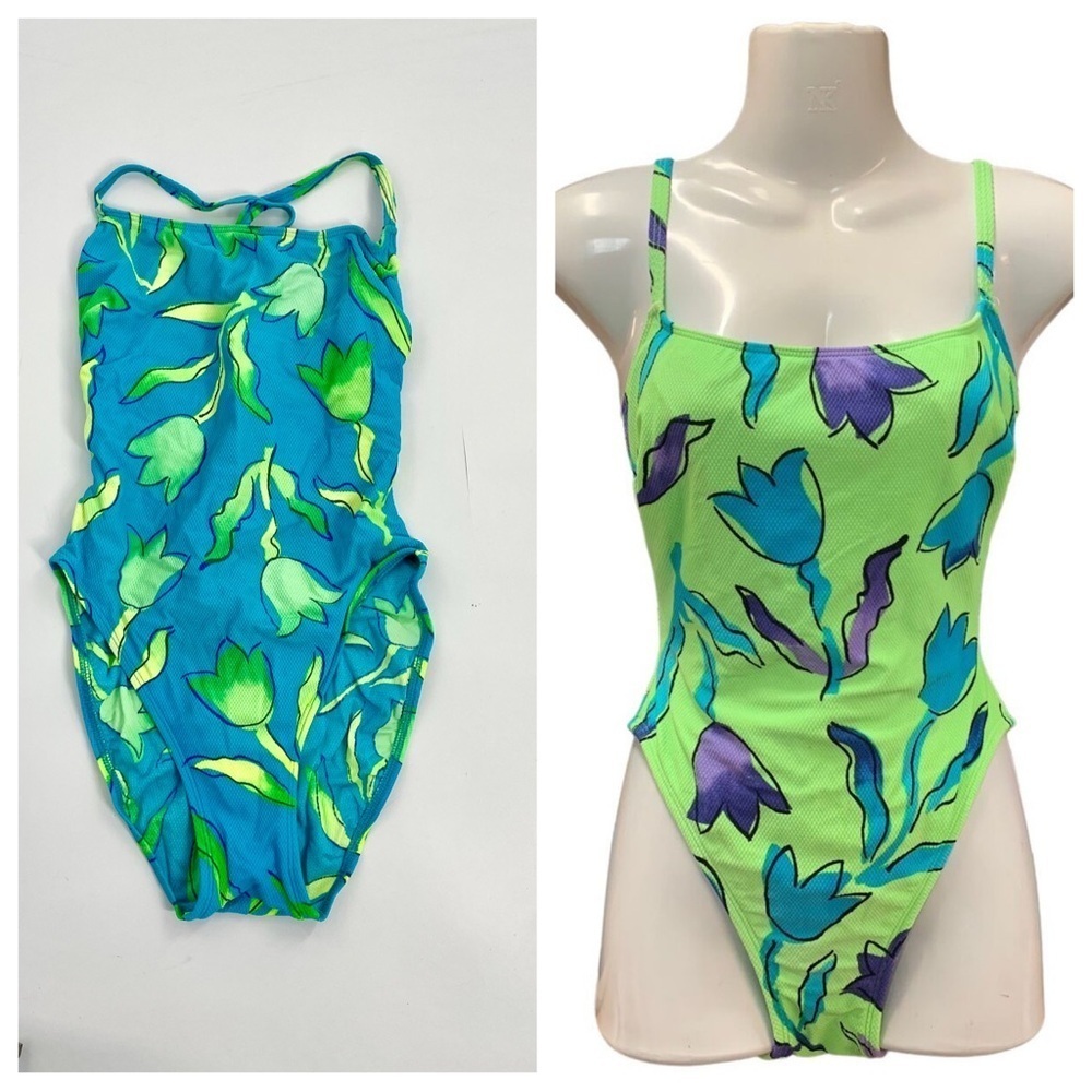 La Blanca Vtg Cheeky 80s 90s High Cut Aqua Blue‎ Neon Green One Piece Swim 12